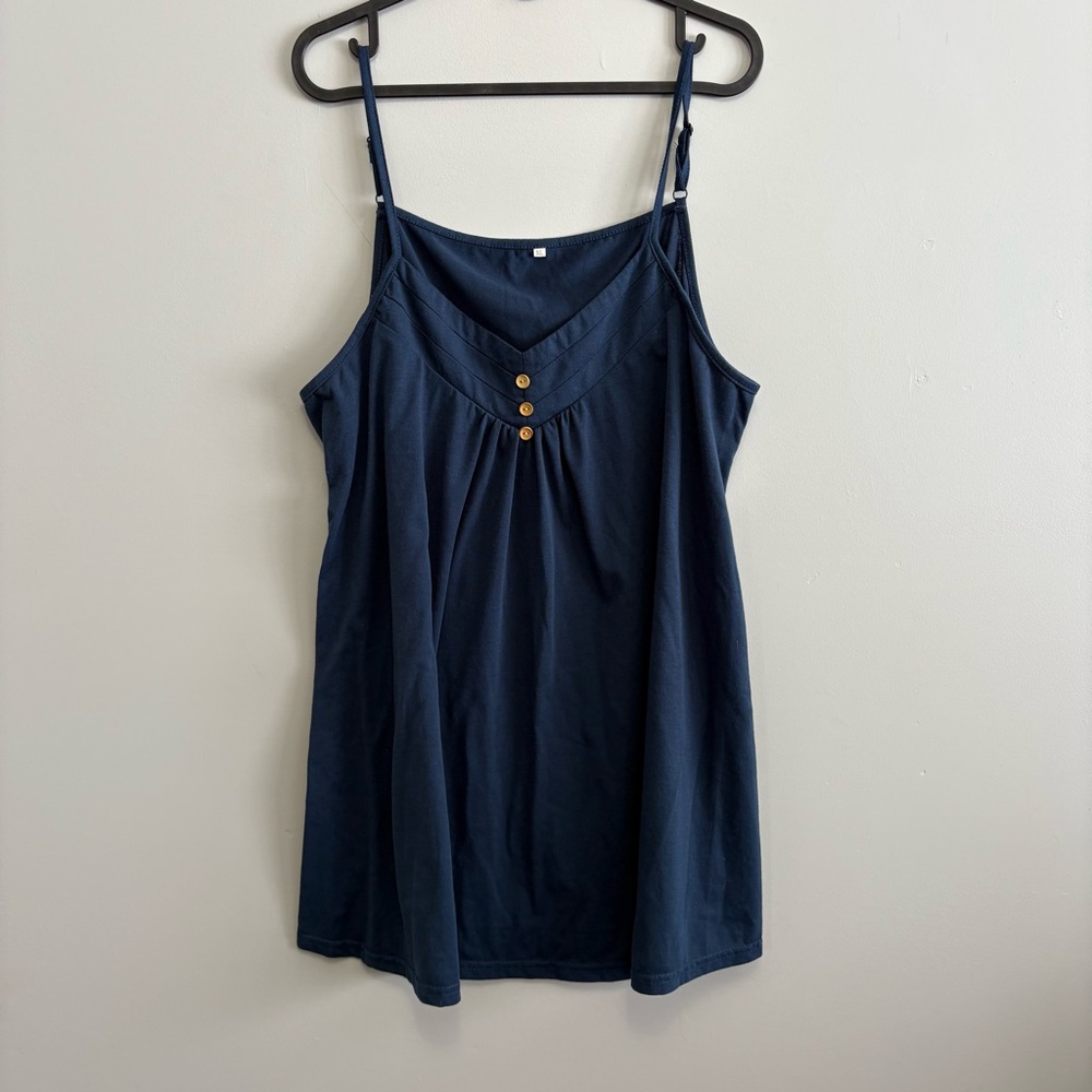 Navy Sleeveless V-Neck Tank with Button Detail - Women's Top